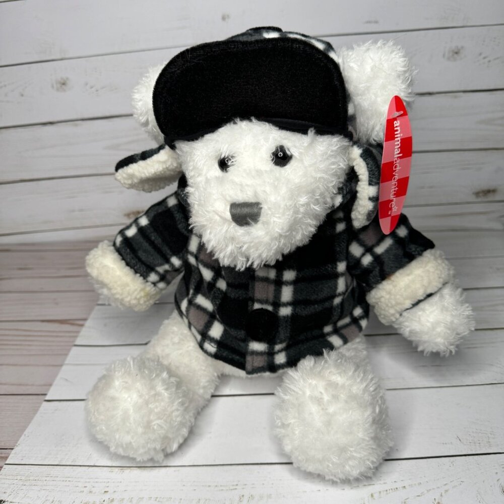 Animal Adventure 15" White Bear‎ Black Plaid Winter Jacket Cap Plush Stuffed Toy